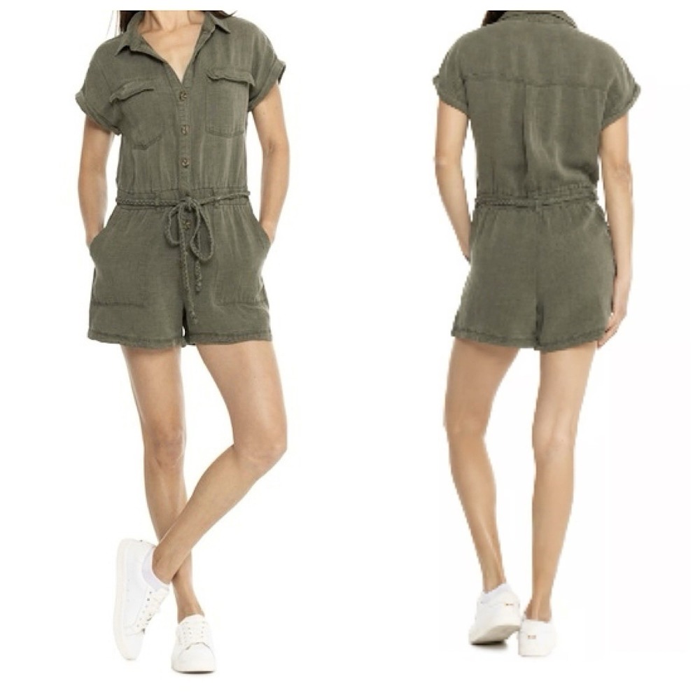 Nicole Miller Linen Blend Romper Womens Sz XL Blue Sun Washed Green Belted